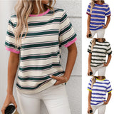 Round Neck Loose Top Striped Contrast Color T-shirt