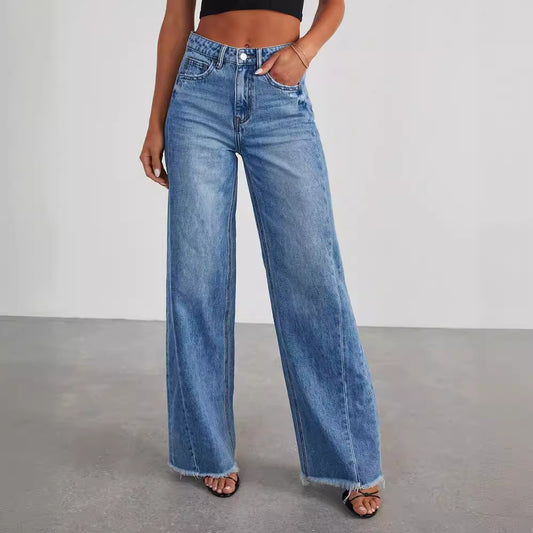 Loose Wide Leg Side Seam Splicing Brushed Hem Jeans