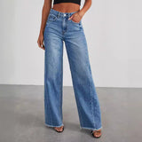 Loose Wide Leg Side Seam Splicing Brushed Hem Jeans