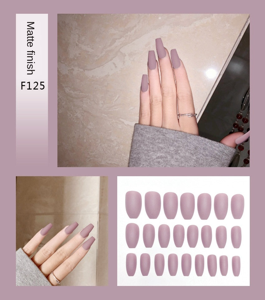 Fake Nails Set Stiletto Coffin Tips Press on Long False Nails with Glue 24 Beautiful Colors