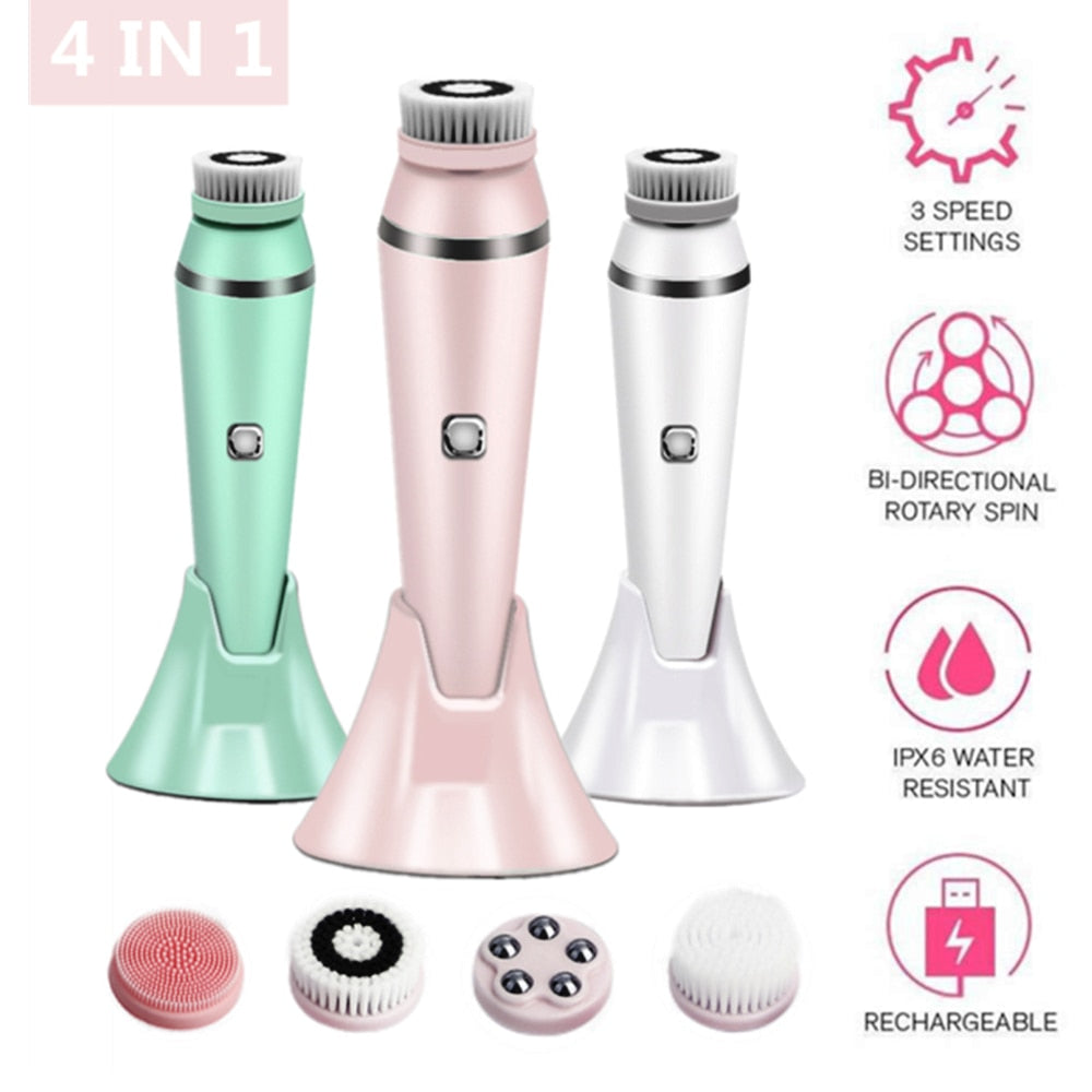 4 in 1 Electric Deep Cleansing Face Brush Spinning Pore Cleaner Face Wash Tool Makeup Remover