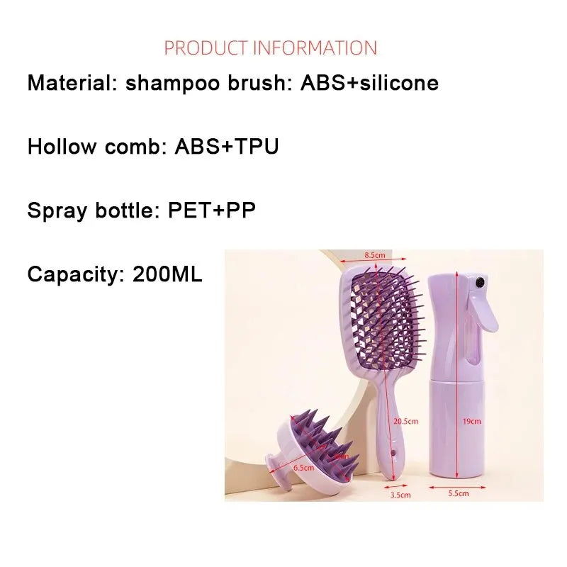 Hollow Comb Set With Spray Bottle 200ml and Scalp Massage Brush