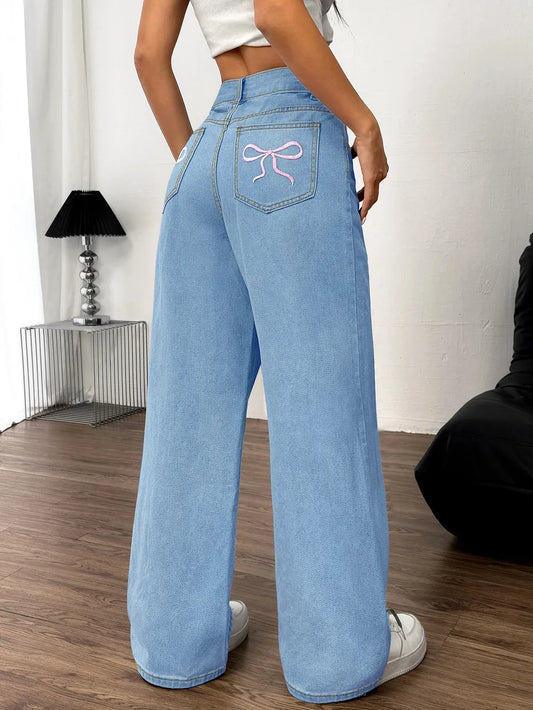 Embroidered Bow Pocket Wide Leg Jeans