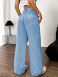 Embroidered Bow Pocket Wide Leg Jeans