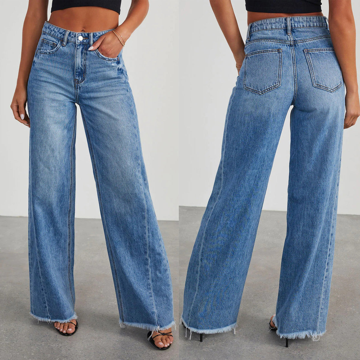 Loose Wide Leg Side Seam Splicing Brushed Hem Jeans