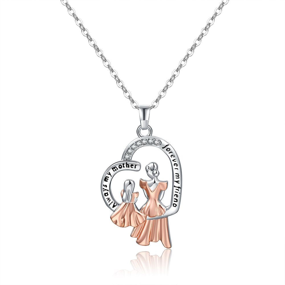 Mother & Daughter Gift Necklace "Always my mother, Forever my friend" Silver Rose Gold Zircon Figures Pendant