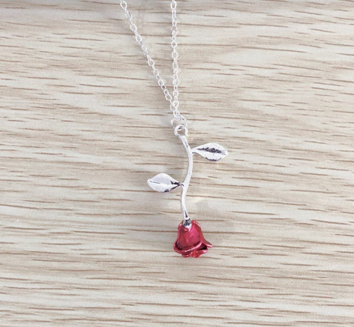 Red Rose Pendant Necklace in Silver, Gold, Rose Gold, Gift for Girlfriend Wife Mother