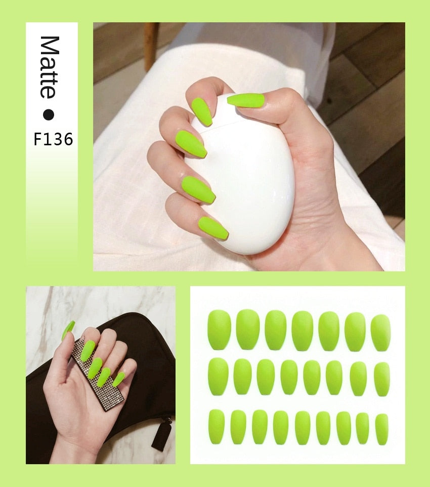 Fake Nails Set Stiletto Coffin Tips Press on Long False Nails with Glue 24 Beautiful Colors