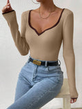 Vertical Stripe Trim Slim Knitted Top Long Sleeves
