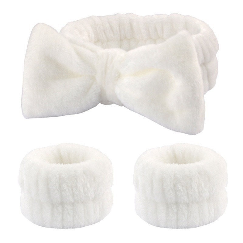 Soft Stretchy Bow Headband with Waterproof Wrist Strap Set for Face Washing