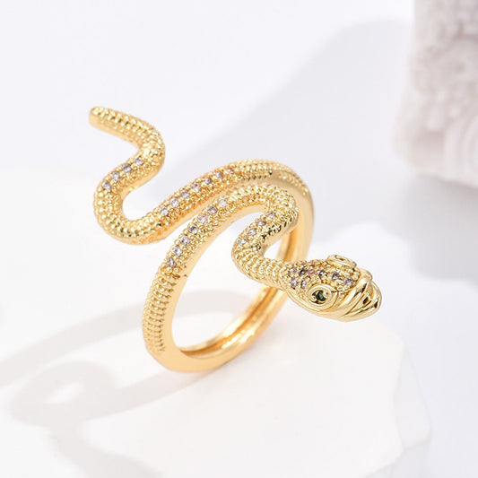 Gold Snake Shaped Ring with Diamonds Adjustable Size