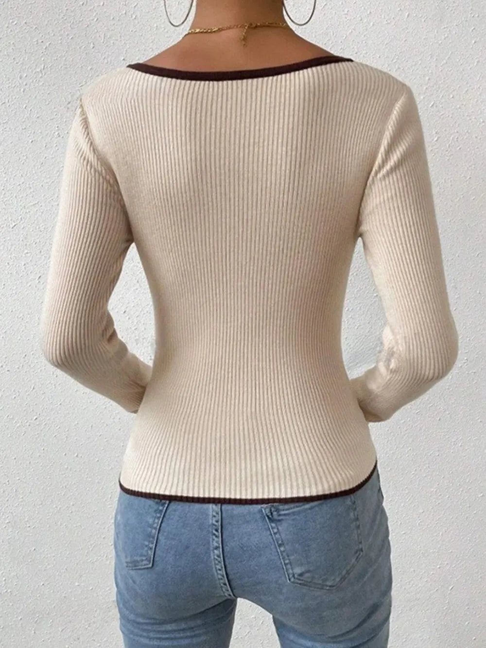 Vertical Stripe Trim Slim Knitted Top Long Sleeves