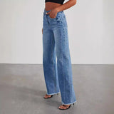 Loose Wide Leg Side Seam Splicing Brushed Hem Jeans