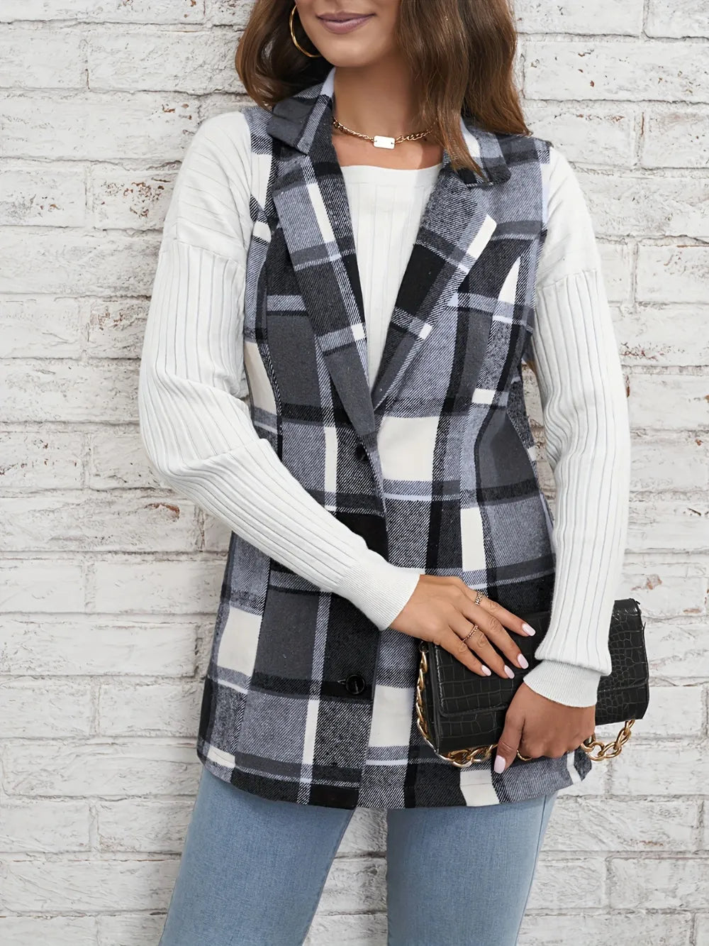 Fall Elegant Style Versatile Plaid Sleeveless Cardigan Vest