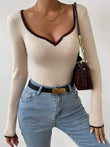 Vertical Stripe Trim Slim Knitted Top Long Sleeves