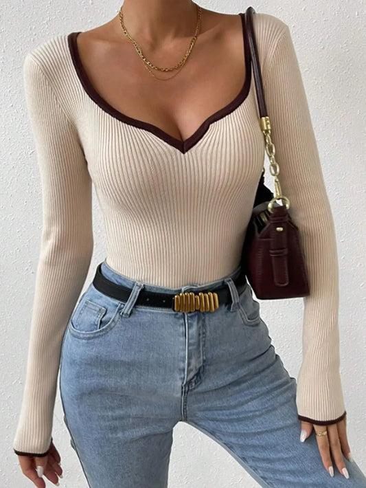 Vertical Stripe Trim Slim Knitted Top Long Sleeves
