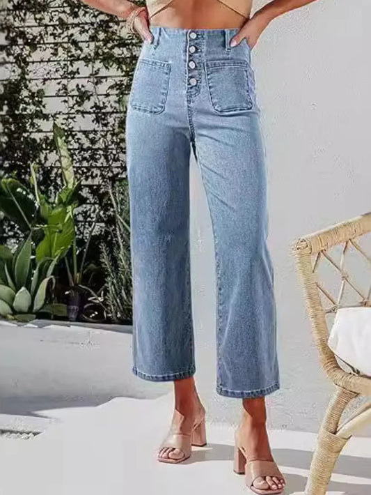 High Waist Cropped Wide Leg Jeans with Pockets