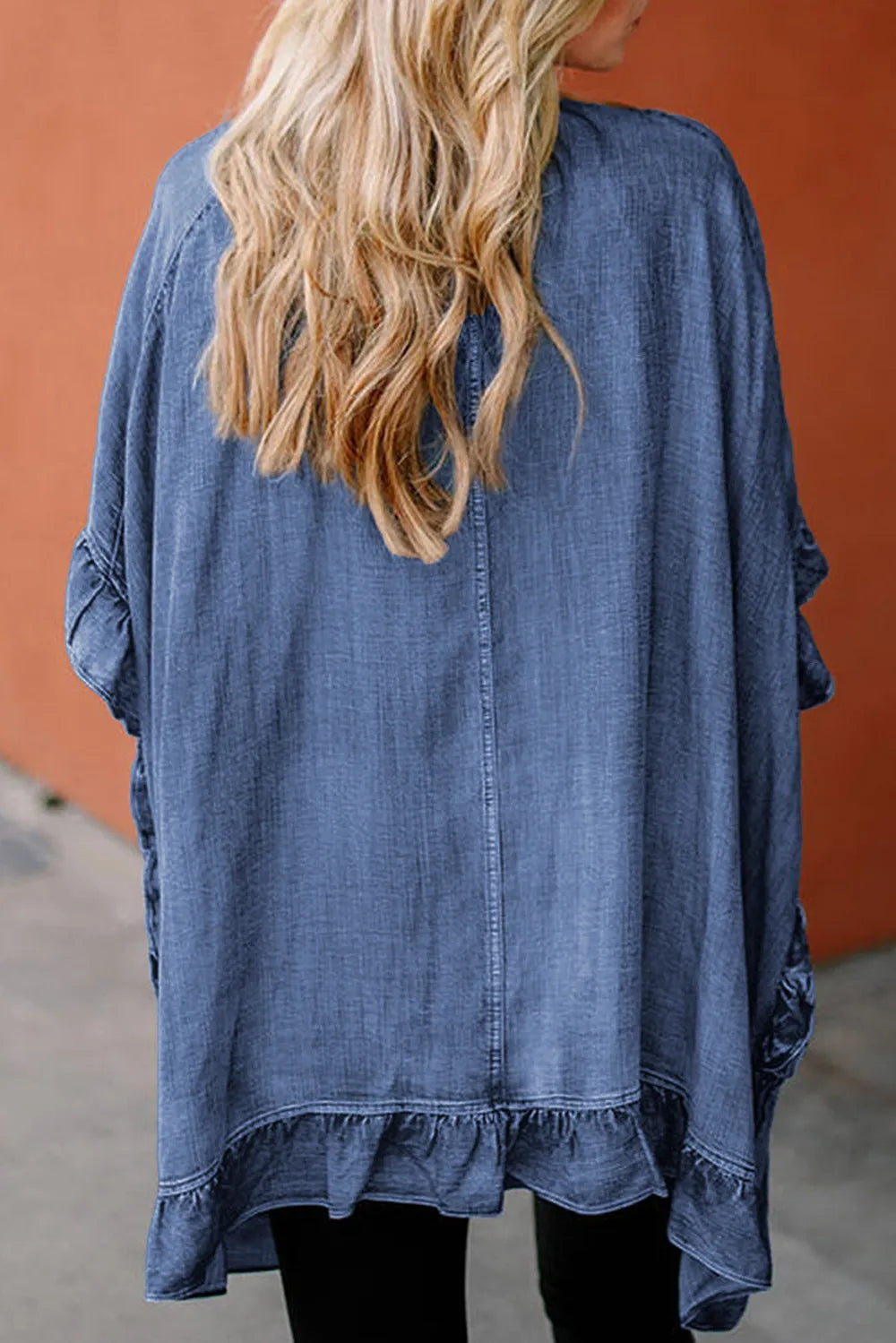 Ruffled Open Front Denim Cardigan