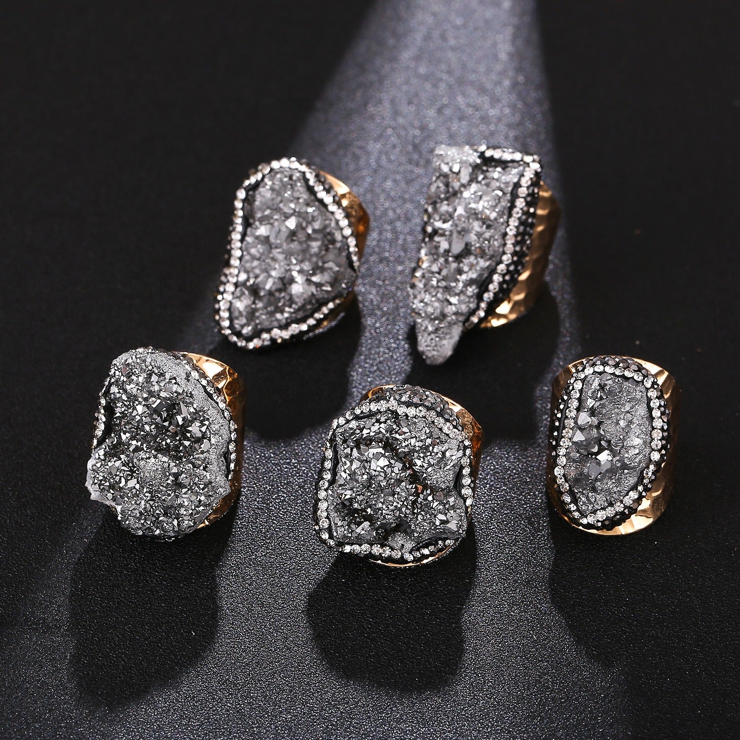 Natural Crystal Geode Cluster Ring, Beautiful Stone Cluster with Diamonds, Geode Gold-Plated Handmade Ring