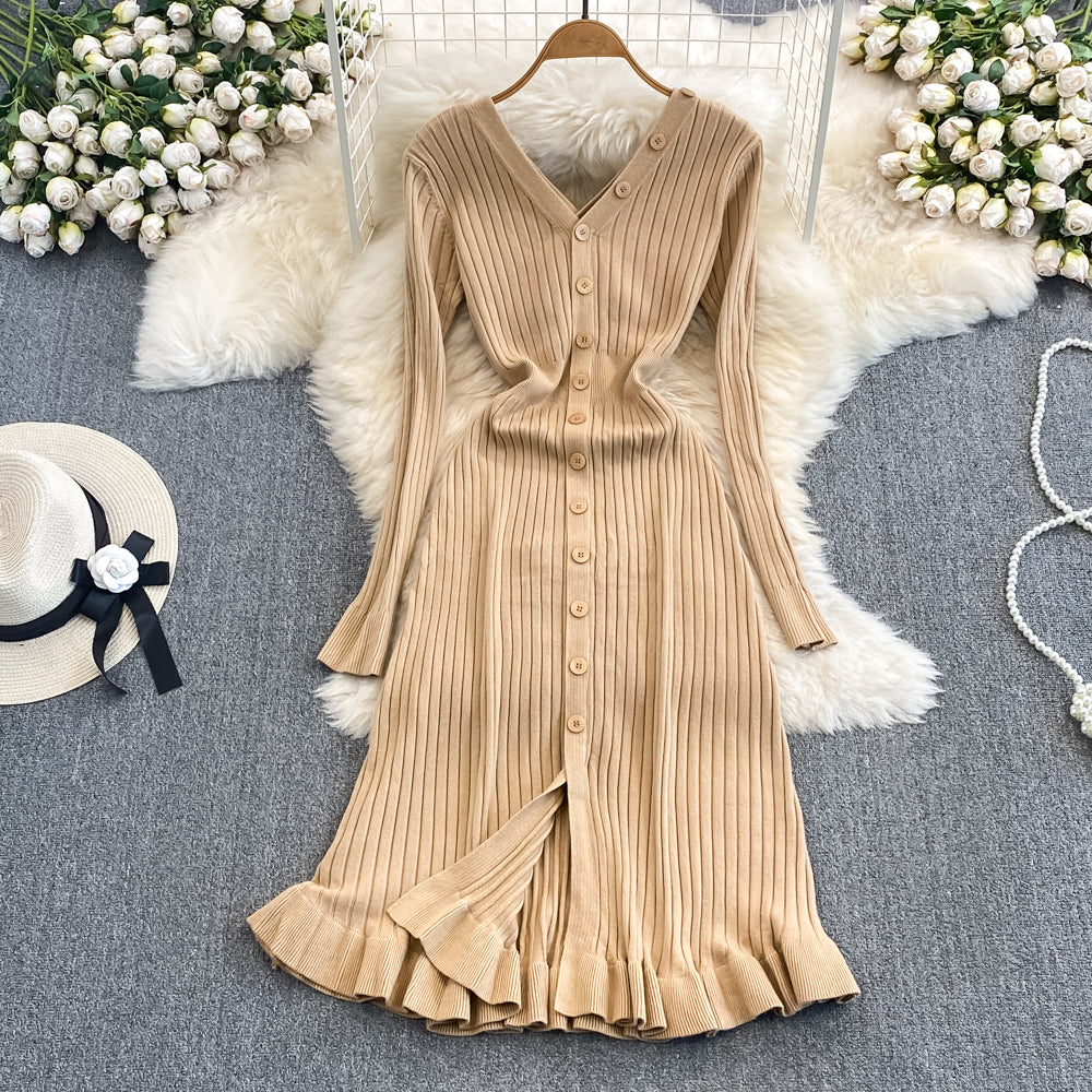Long Sleeved V-neck Waist Slimming Knitted Ruffle Trim Mid Length Dress