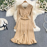 Long Sleeved V-neck Waist Slimming Knitted Ruffle Trim Mid Length Dress