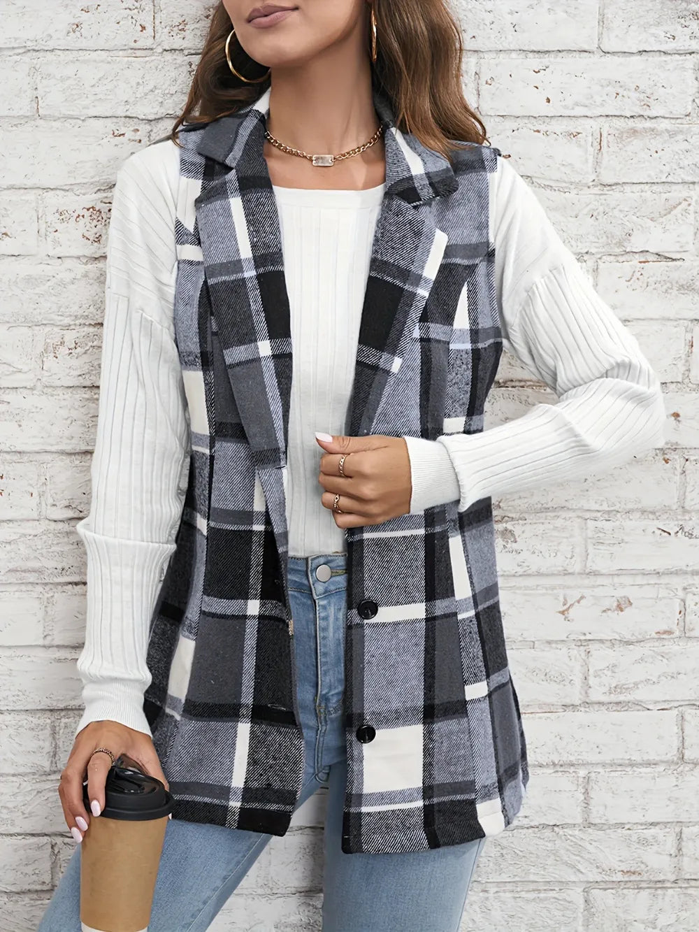 Fall Elegant Style Versatile Plaid Sleeveless Cardigan Vest