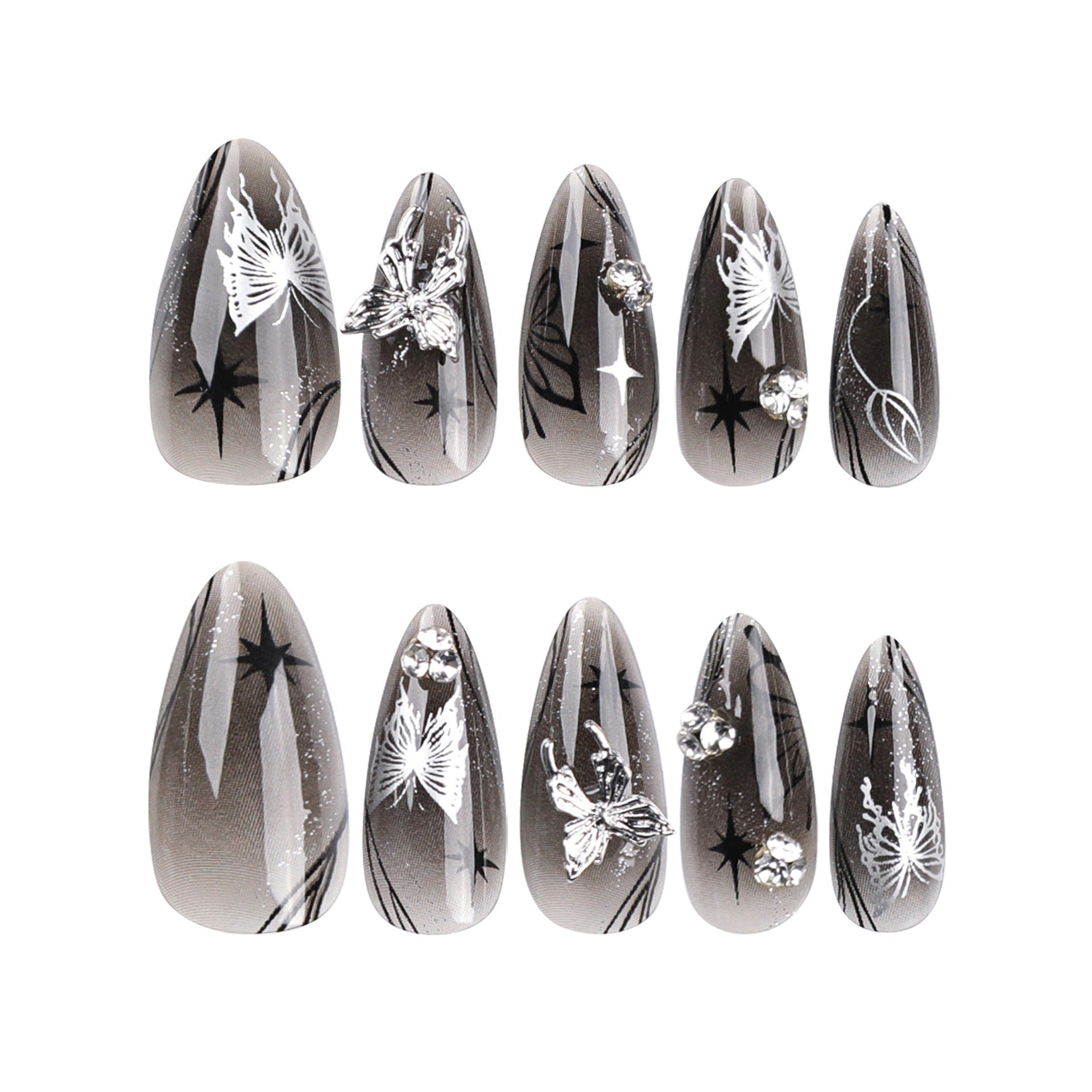 Butterfly and Bows Long Almond Shape False Nails Set