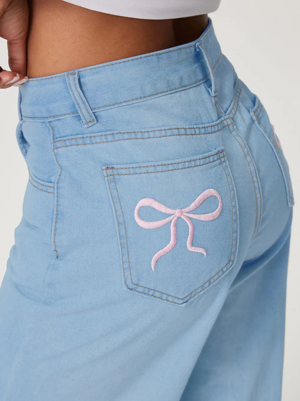 Embroidered Bow Pocket Wide Leg Jeans