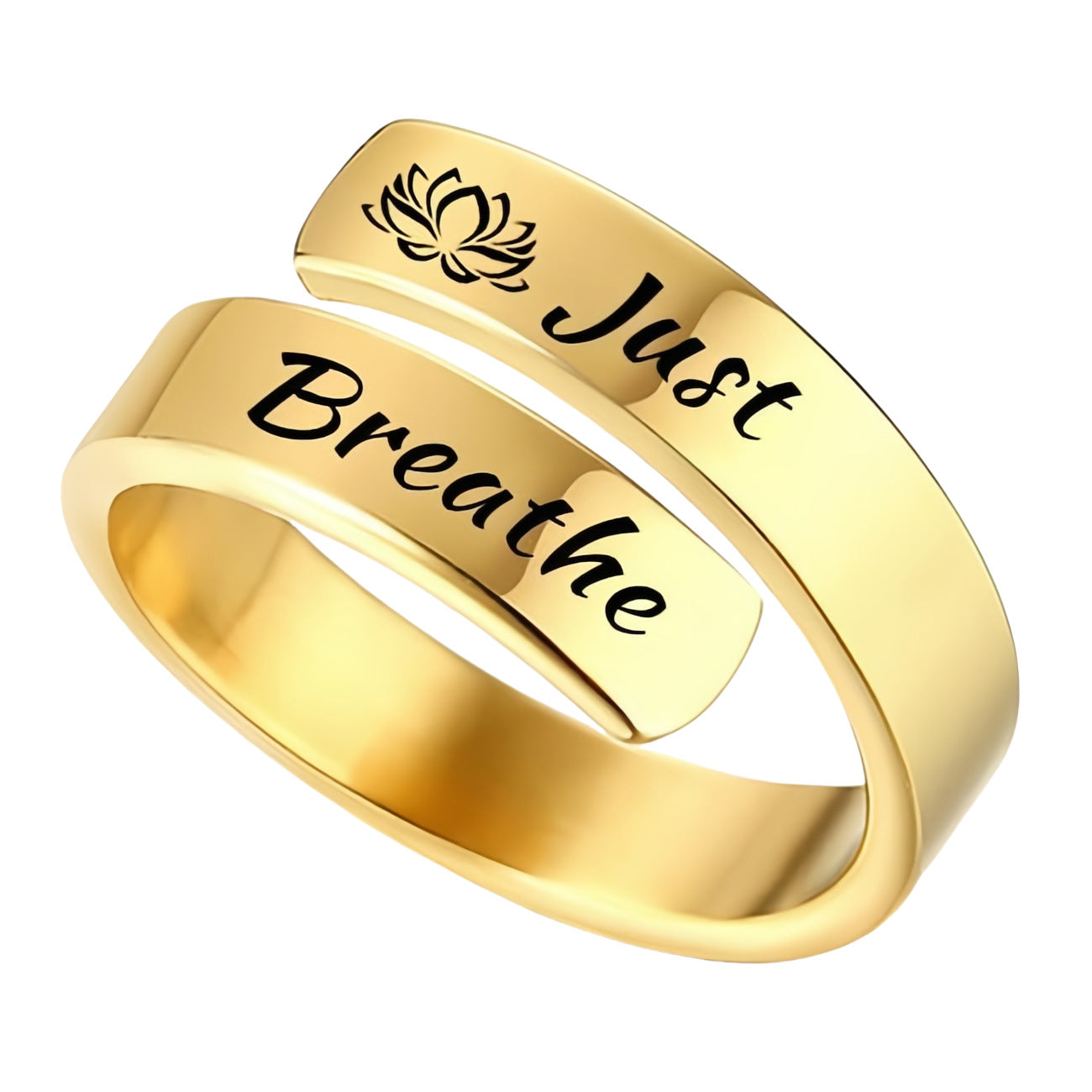 Just Breathe Wrap Titanium Steel Ring with Engraved Lotus or Heart Adjustable Size