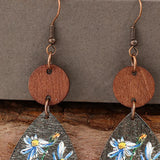 Blue Flower Rustic Wood & Leather Earrings