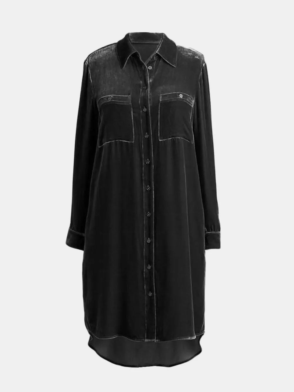 High-Low Button Up Long Sleeve Mid Length Dress