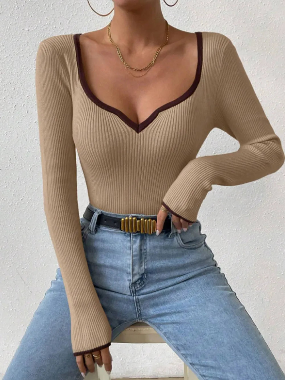 Vertical Stripe Trim Slim Knitted Top Long Sleeves