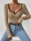 Vertical Stripe Trim Slim Knitted Top Long Sleeves