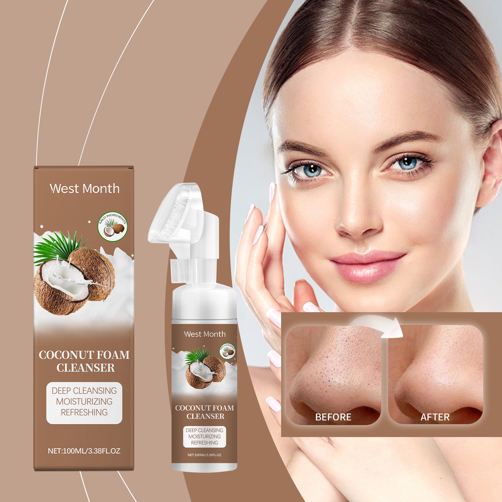 Natural Coconut Foam Cleanser, Refreshing Gentle Pore Cleanser with Brush