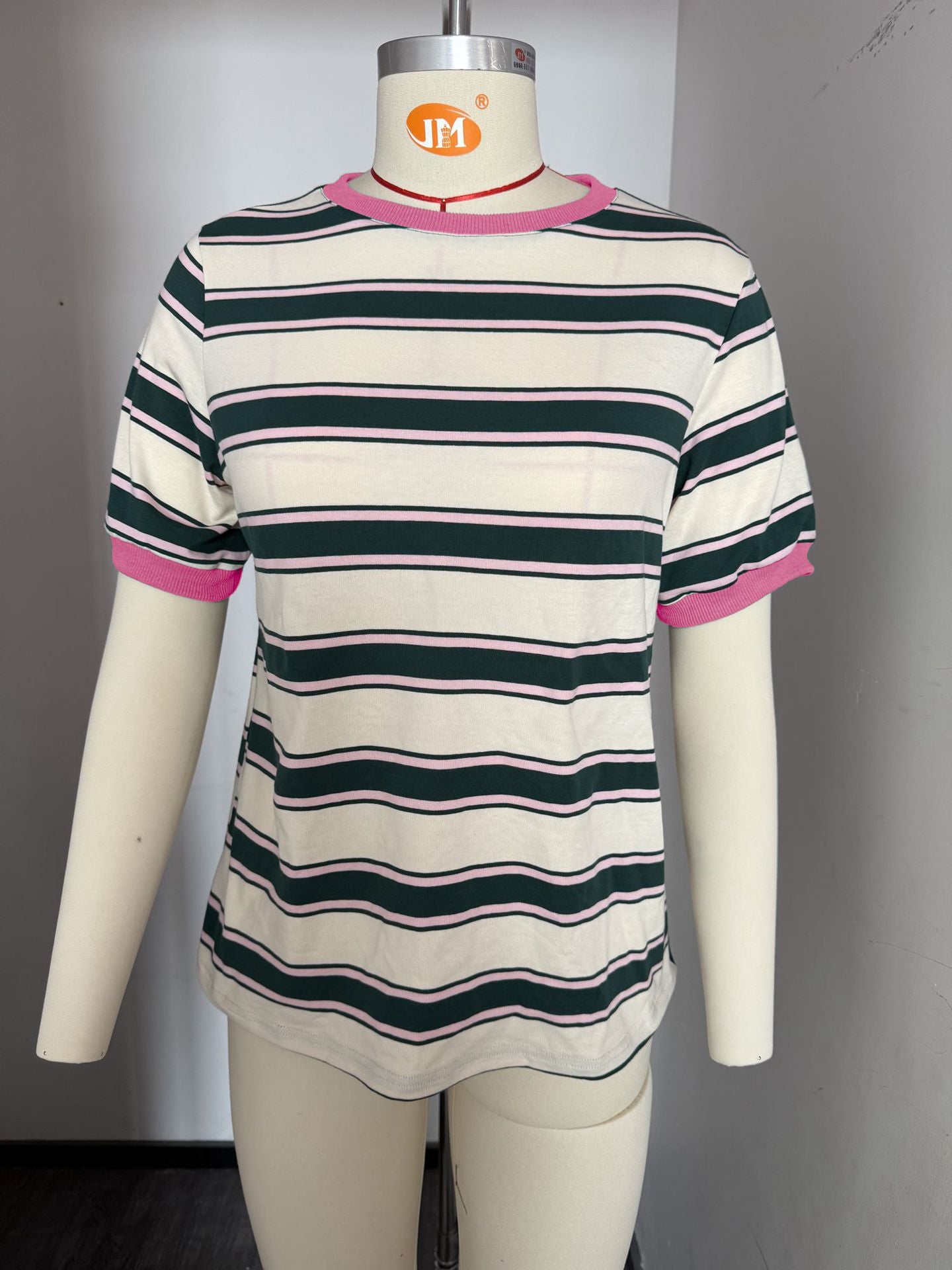 Round Neck Loose Top Striped Contrast Color T-shirt