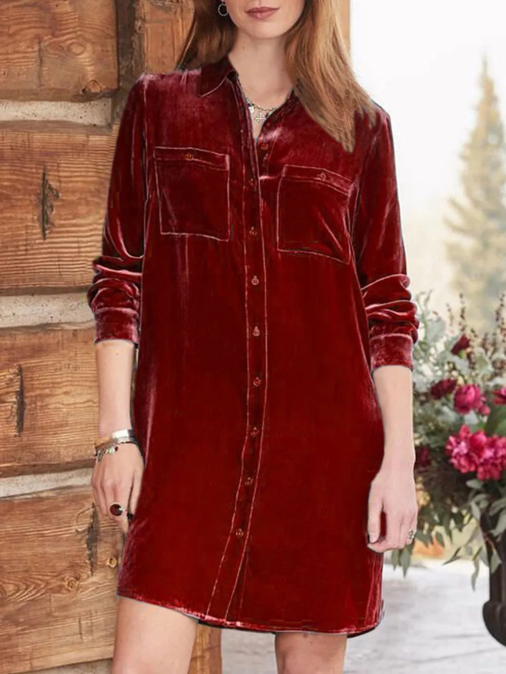 High-Low Button Up Long Sleeve Mid Length Dress