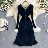 Long Sleeved V-neck Waist Slimming Knitted Ruffle Trim Mid Length Dress
