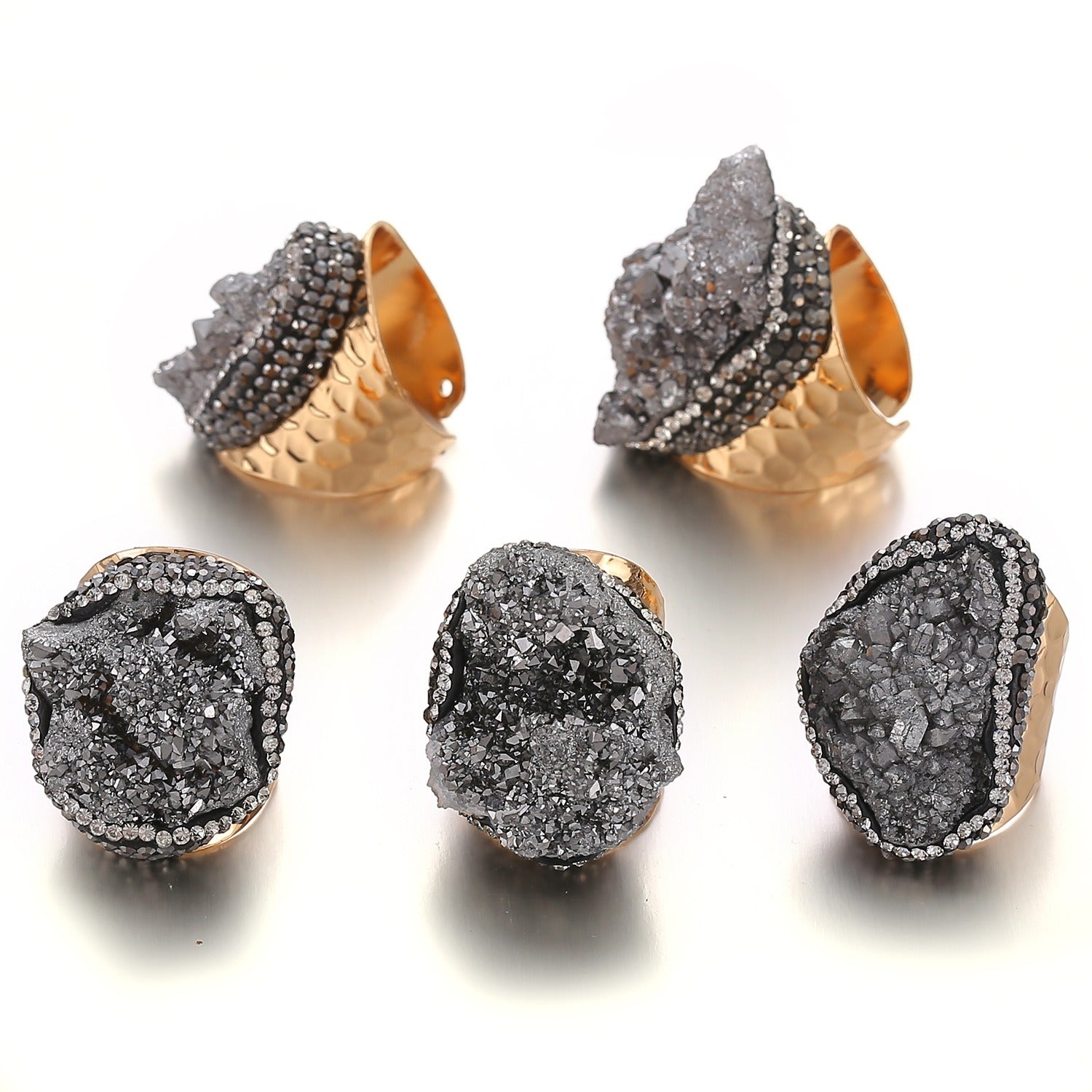 Natural Crystal Geode Cluster Ring, Beautiful Stone Cluster with Diamonds, Geode Gold-Plated Handmade Ring