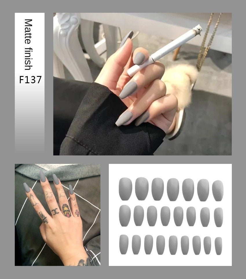 Fake Nails Set Stiletto Coffin Tips Press on Long False Nails with Glue 24 Beautiful Colors
