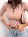 Lace Up Front Long Sleeve Ribbed T-Shirt