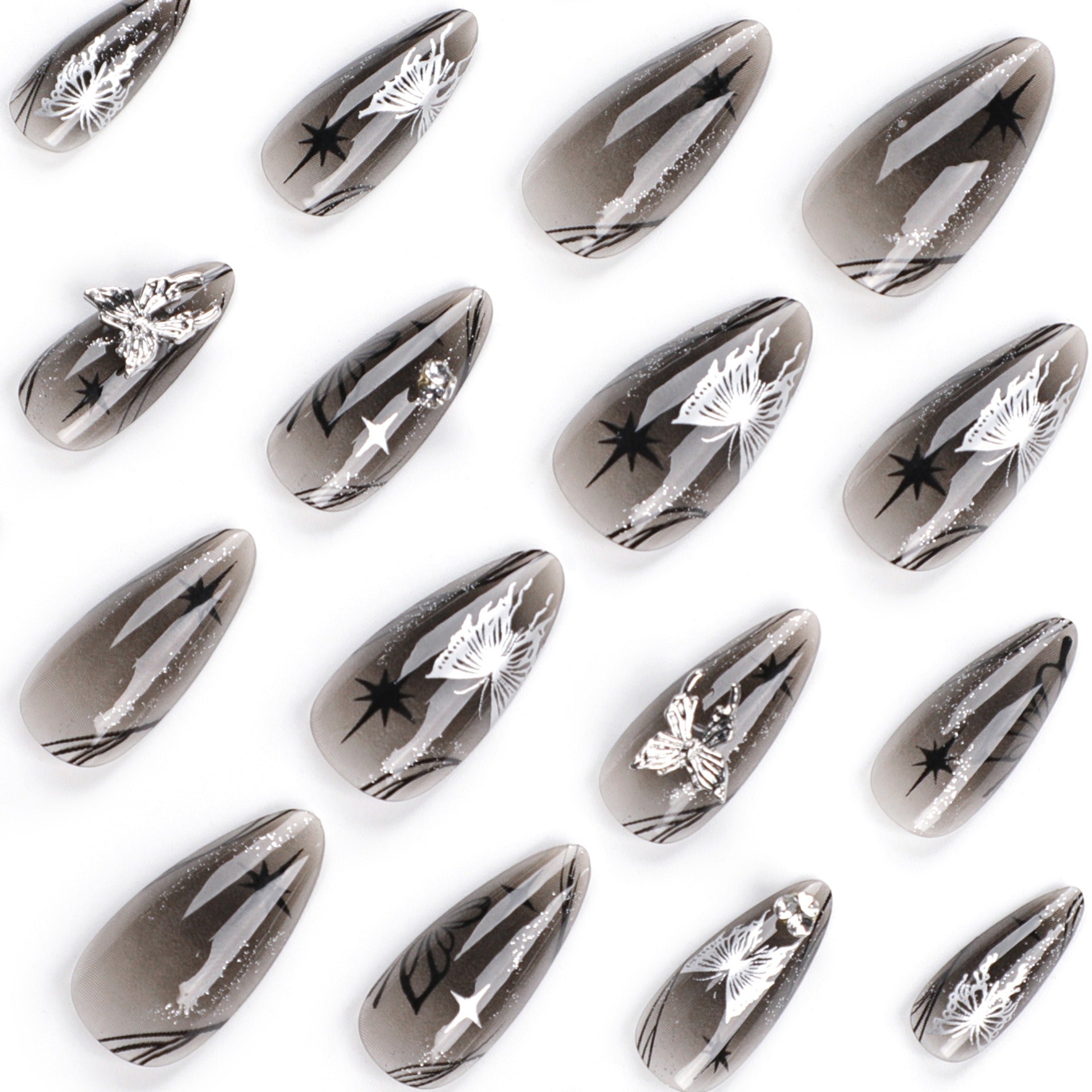 Butterfly and Bows Long Almond Shape False Nails Set