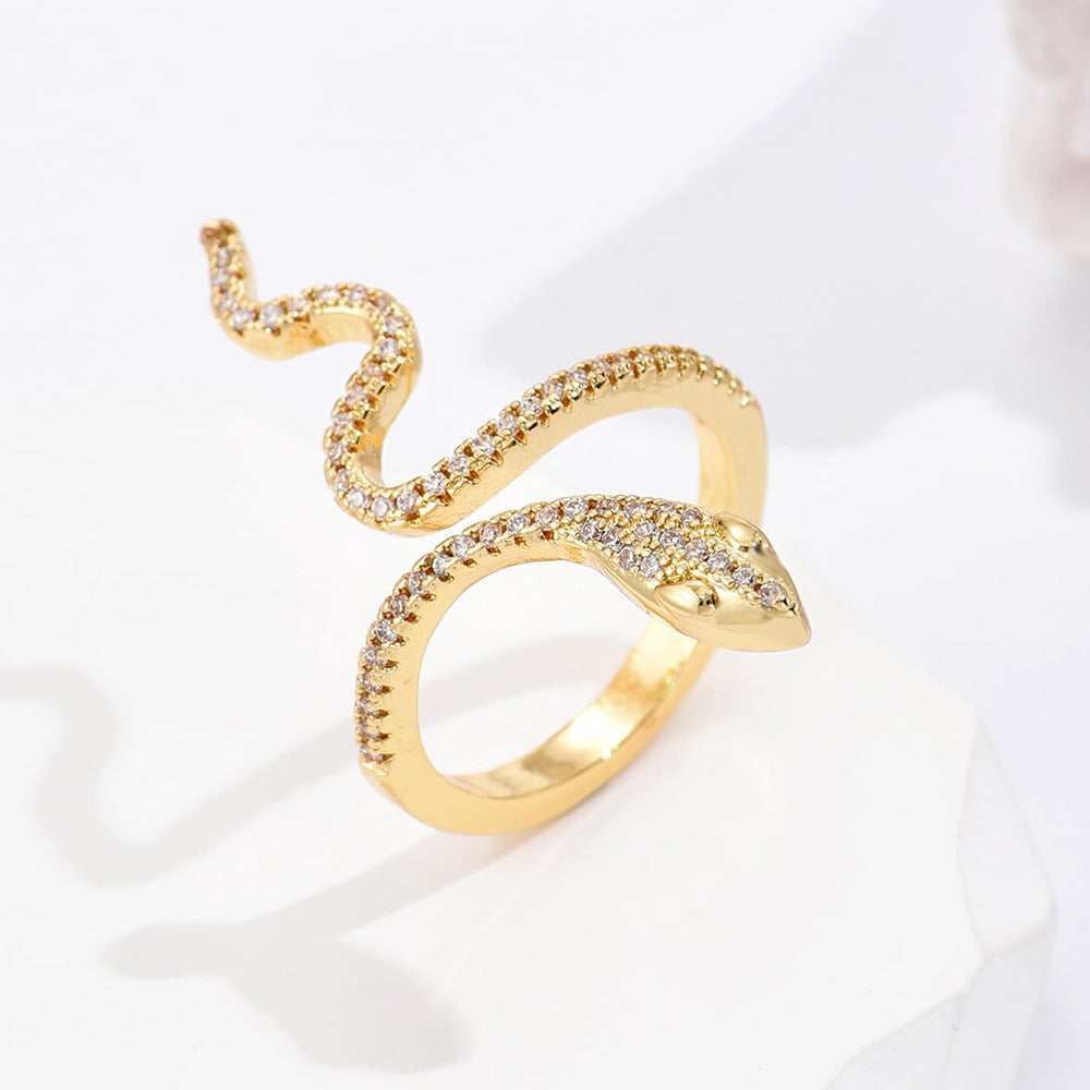 Gold Snake Shaped Ring with Diamonds Adjustable Size