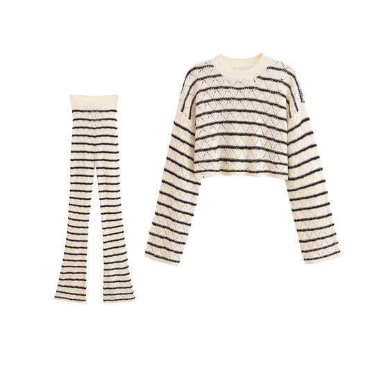 Striped Crochet Long Sleeve Top and Pants Set