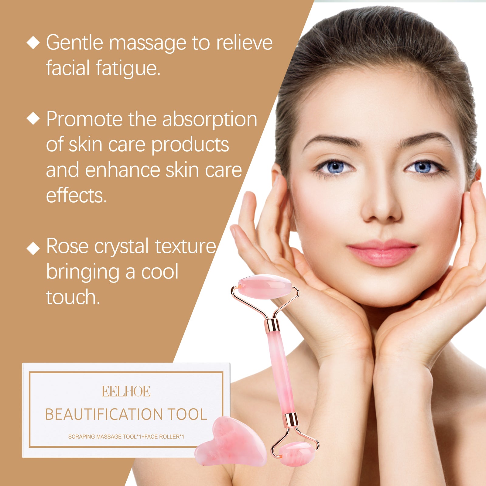 Rose Quartz Stone Roller Massager Set Soothing Massage Skin Facial Firming Skin Care Massager