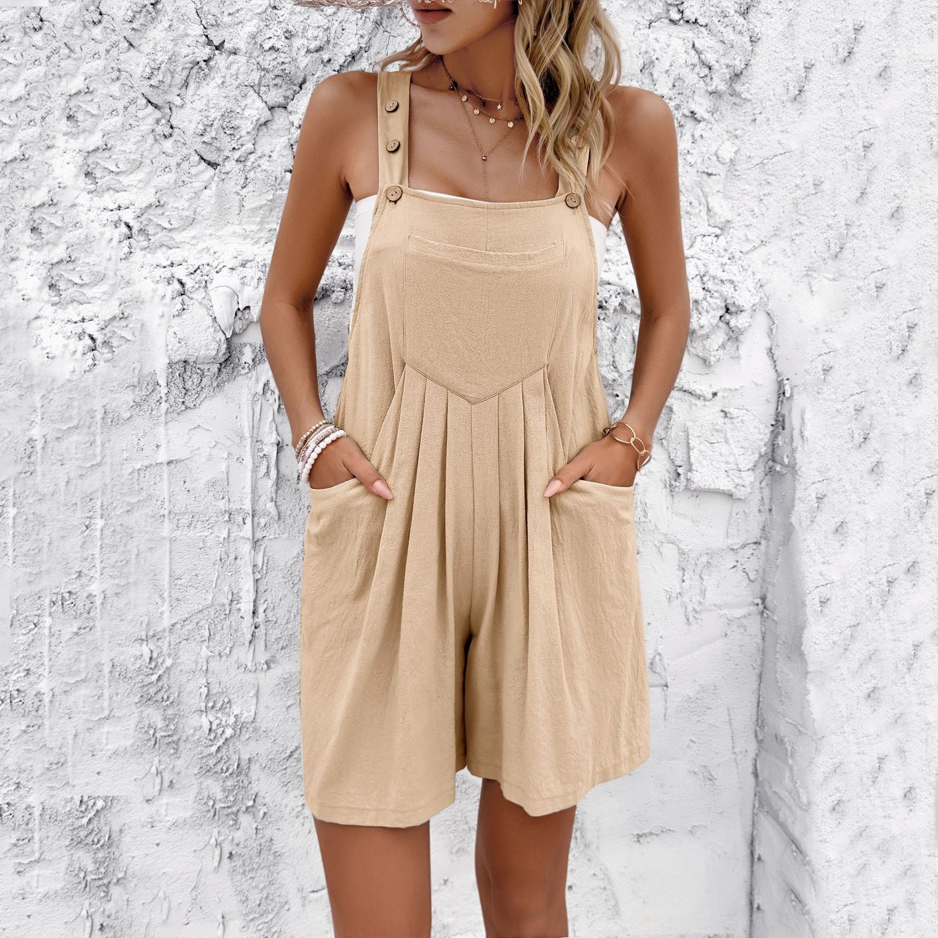 Casual Button Shoulder Strap Short Jumpsuit