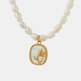 French Baroque Style Freshwater Pearl Chain Oval Plate Inlaid with Zircon Colored Shell Flower Necklace