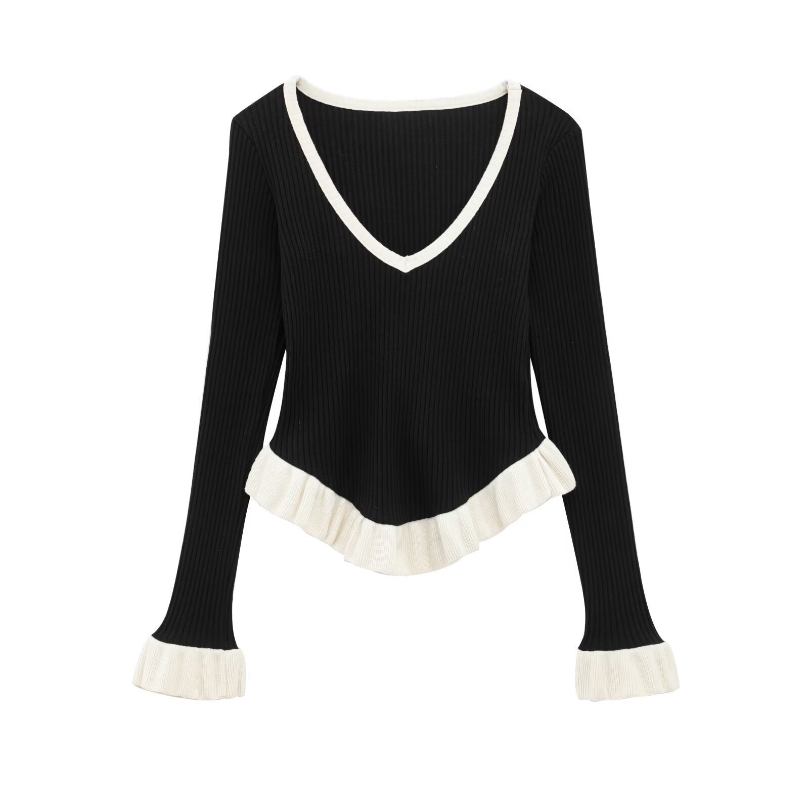 V-neck Ruffle Trim Stripe Knitted Long Sleeve Top