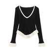 V-neck Ruffle Trim Stripe Knitted Long Sleeve Top