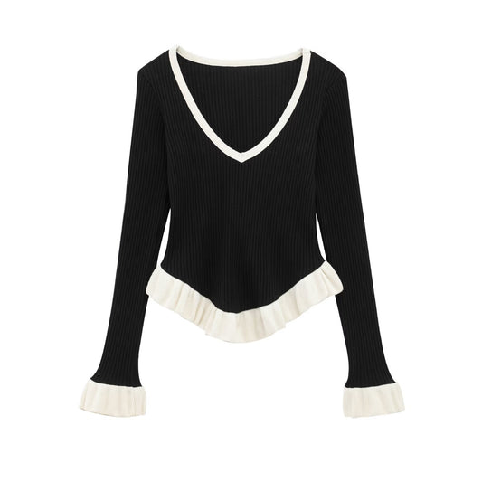 V-neck Ruffle Trim Stripe Knitted Long Sleeve Top