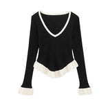 V-neck Ruffle Trim Stripe Knitted Long Sleeve Top